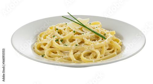 Creamy fettuccine pasta garnished with herbs and cheese isolated on white background served elegantly