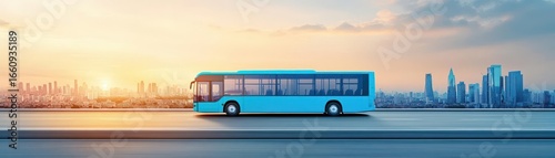 Modern blue city bus traveling on highway du sunset with skyscrapers skyline in background urban transportation outdoor scene