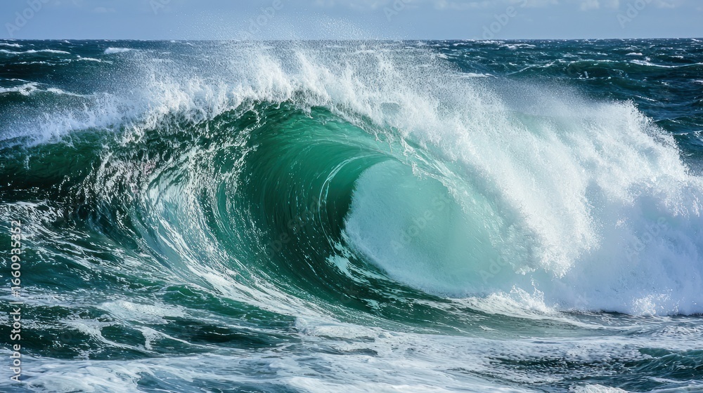 Obraz premium A massive, powerful wave crests dramatically over a turbulent ocean. The wave is a vibrant, deep turquoise color, transitioning to lighter shades of green and white as it rises. 