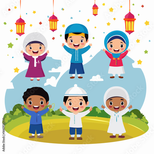 Cheerful Children Celebrating Ramadan, Vector Illustration