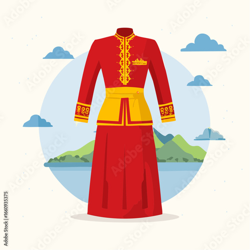 Traditional Red and Gold Asian Dress Illustration