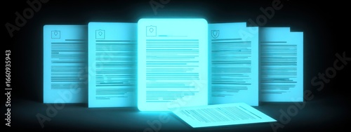 Illuminated documents in a dark background.