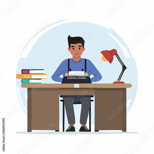 Writer at Typewriter: Cartoon Character Illustration