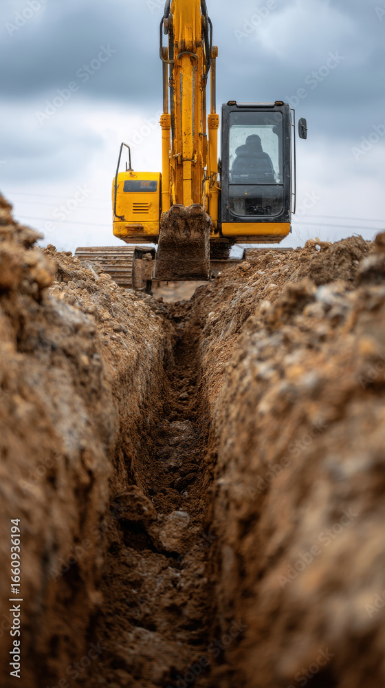 Obraz premium Yellow excavator digging trench in wet soil under cloudy skies