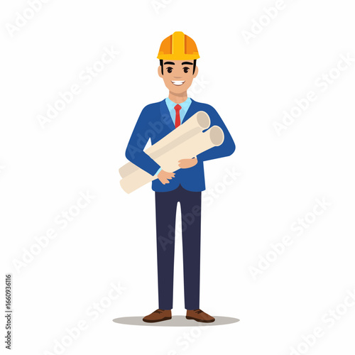 Cartoon Construction Worker with Blueprints Illustration
