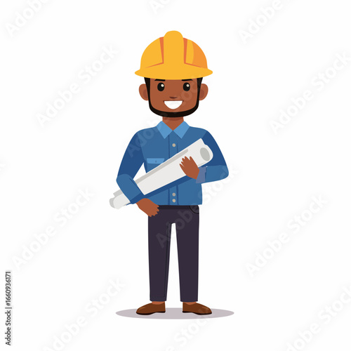 Construction Worker with Blueprint: Cheerful and Competent