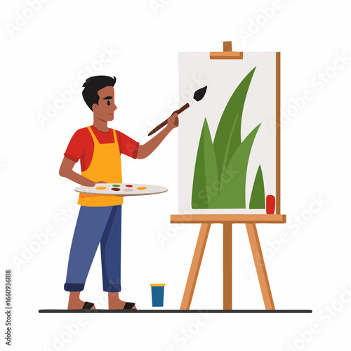Artist Painting Greenery on Canvas
