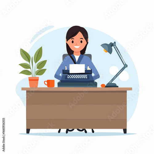 Woman Writer at Typewriter Desk, Cartoon Illustration