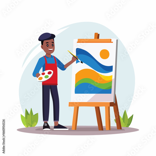 Artist Painting a Landscape on Canvas