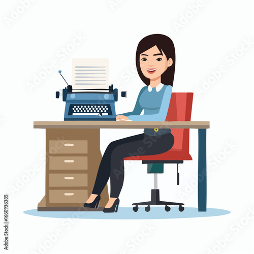 Woman Writing at Typewriter Illustration