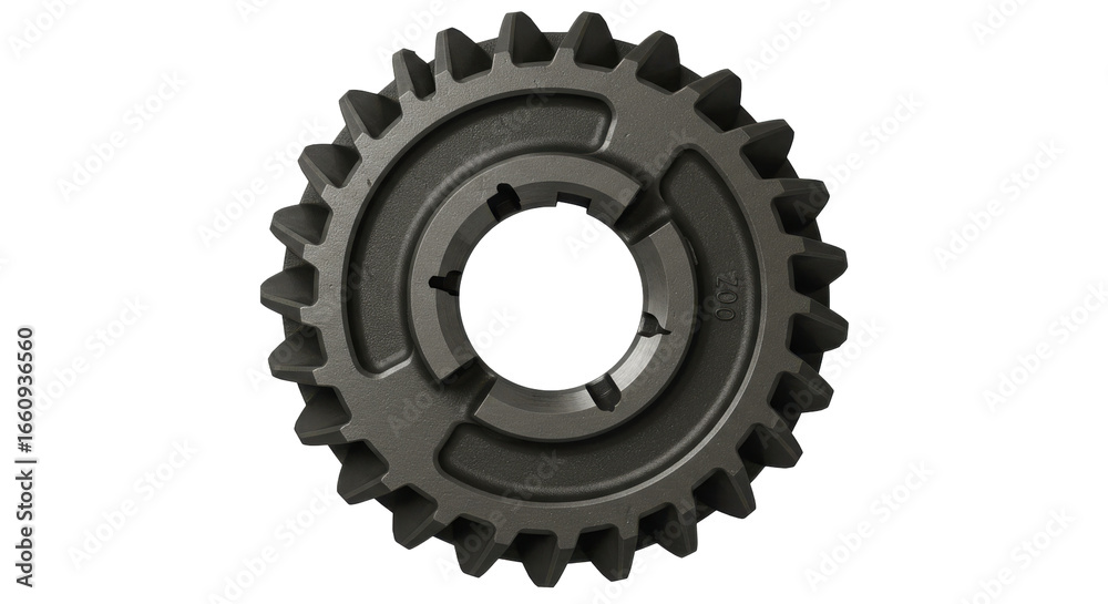 Close-up of a black gear cog showcasing intricate teeth design isolated on white background Close-up of a black gear cog showcasing intricate teeth design isolated on white background