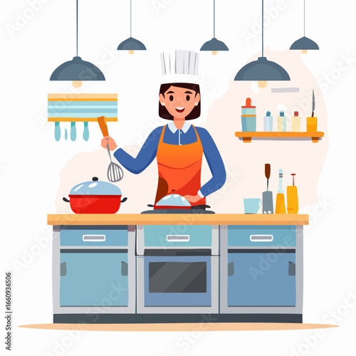 Cheerful Chef Cooking in a Bright Kitchen Illustration