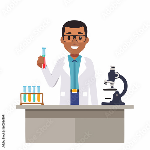 Scientist Holding Test Tube with Microscope and Rack