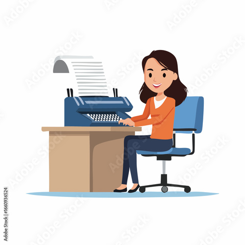 Woman Typing on Vintage Typewriter - Illustration