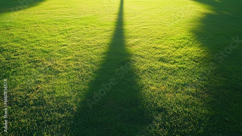 A tall, dark shadow is cast on a vibrant green lawn by a beam of sunlight. The shadow is elongated and sharply defined, creating a dramatic contrast against the bright grass. 