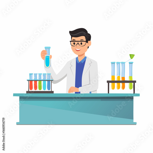 Scientist in Lab Coat Holding Test Tube, Illustration