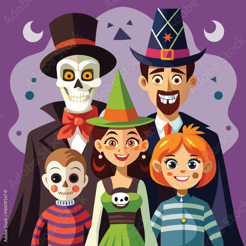 Joyful family of four celebrating halloween in elaborate costumes depicted as a vibrant vector illustration