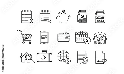 Vector icon set with thin line symbols for personal finance and money management. This collection features pictograms for budgeting, mobile banking, daily expenses, and savings.