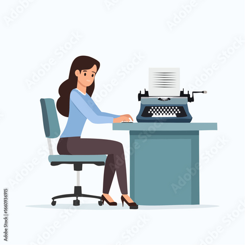 Retro Writer: Woman Typing on Vintage Typewriter