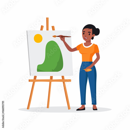 Woman Painting an Abstract Landscape on Canvas
