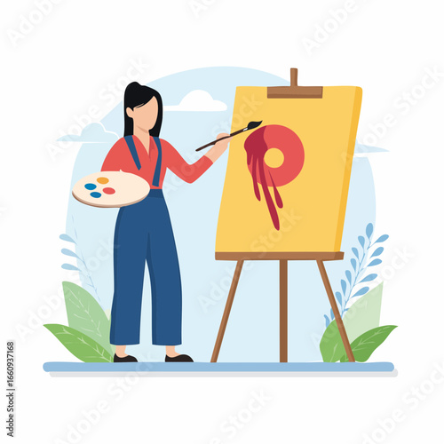 Artist at Easel: Painting Abstract Art with Palette in Hand