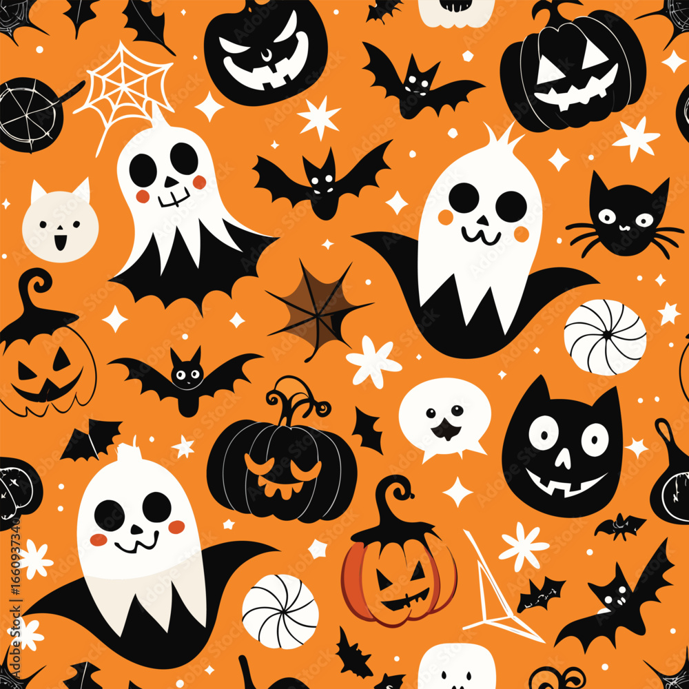 Fototapeta premium Spooky and festive seamless repeating halloween pattern design with classic motifs and vibrant colors