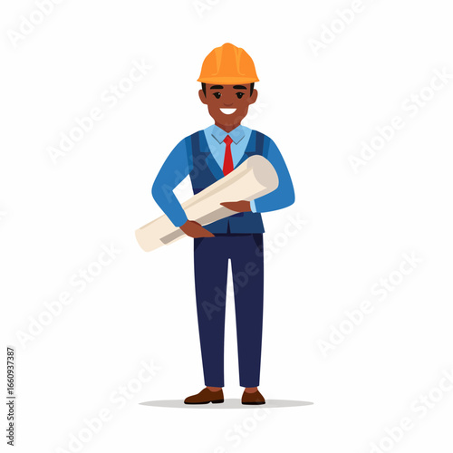 Confident Architect with Blueprint Cartoon