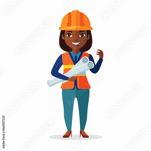 Confident African-American Female Engineer with Blueprints