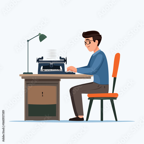 Writer at Typewriter: Cartoon Illustration of Focused Author