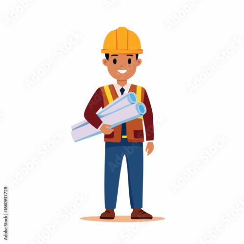 Cheerful Construction Worker Holding Blueprints Illustration