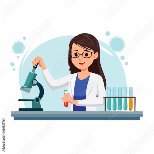 Cartoon Scientist with Microscope and Test Tubes