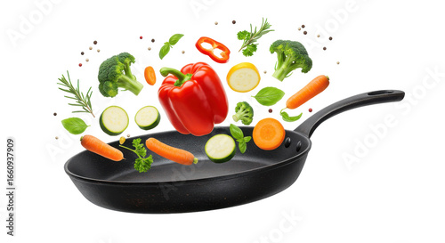 Colorful vegetables flying into a frying pan isolated on white background vibrant and fresh