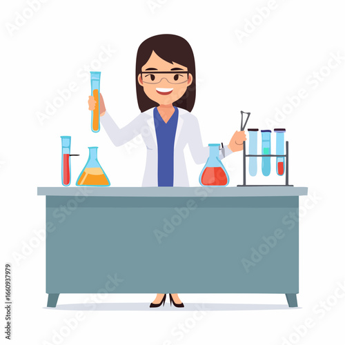 Female Scientist at Lab Bench with Beakers and Test Tubes