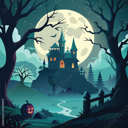Spooky and atmospheric halloween scene with a dark eerie landscape and possibly haunted elements for festive decoration
