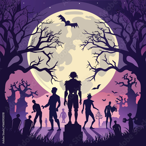 Spooky halloween party poster featuring a silhouetted zombie and festive elements