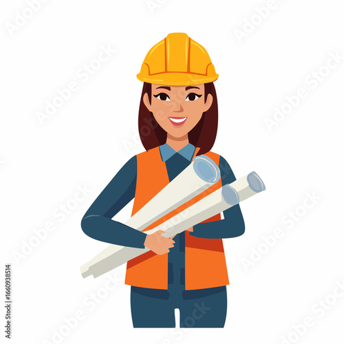 Female Architect with Blueprints Cartoon Vector