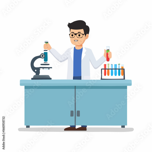 Cartoon Scientist at Laboratory Bench with Microscope and Test Tubes