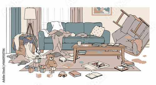 Disheveled Living Room: Illustration of Chaos and Clutter