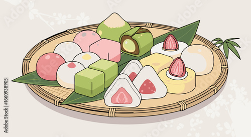 Assorted Mochi on Bamboo Tray: A Japanese Dessert Delight
