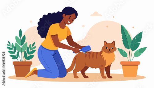 Grooming a Cat: Pet Care and Affection Illustration