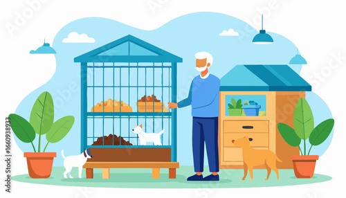 Senior Man at Animal Shelter with Dogs and Cats, Adoption Concept