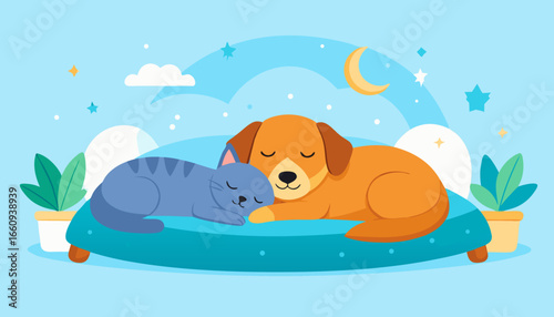 Cartoon Cat and Dog Sleeping Peacefully Together