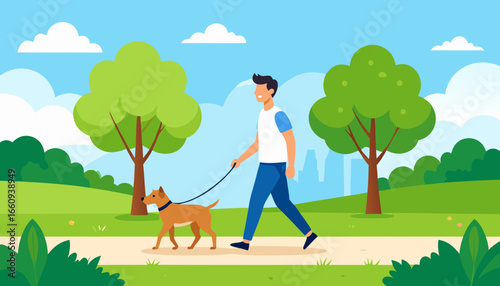 Man Walking Dog in Park - Vector Illustration