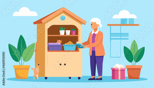 Senior Woman Gardening with Dog, Flat Vector Illustration