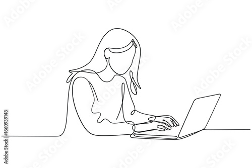 Continuous line drawing of a woman working on a laptop