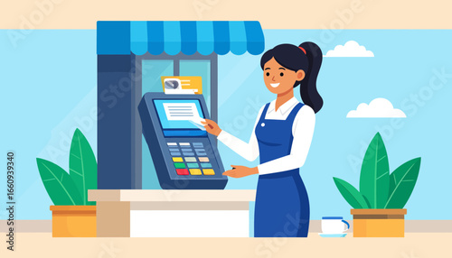 Contactless Payment at a Local Shop, Vector Illustration