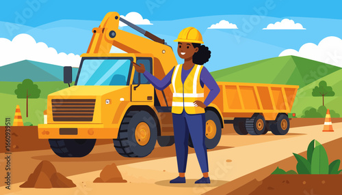 Confident Female Construction Worker with Heavy Equipment