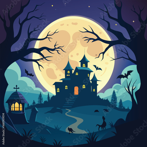 A spooky halloween scene featuring a large luminous full moon over a dark eerie landscape with silhouetted trees and a haunted house