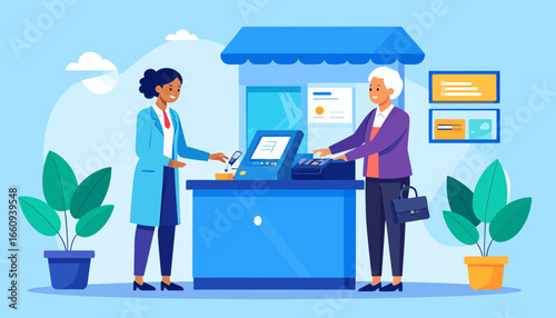 Local Business Transaction: Vector Illustration of a Woman Buying from a Shopkeeper