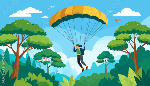 Skydiving Adventure: Woman with Parachute Over Lush Green Forest Illustration